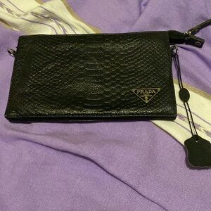 Black Leather Vintage Zippered Prada Clutch w Multiple Inside Storage Pockets